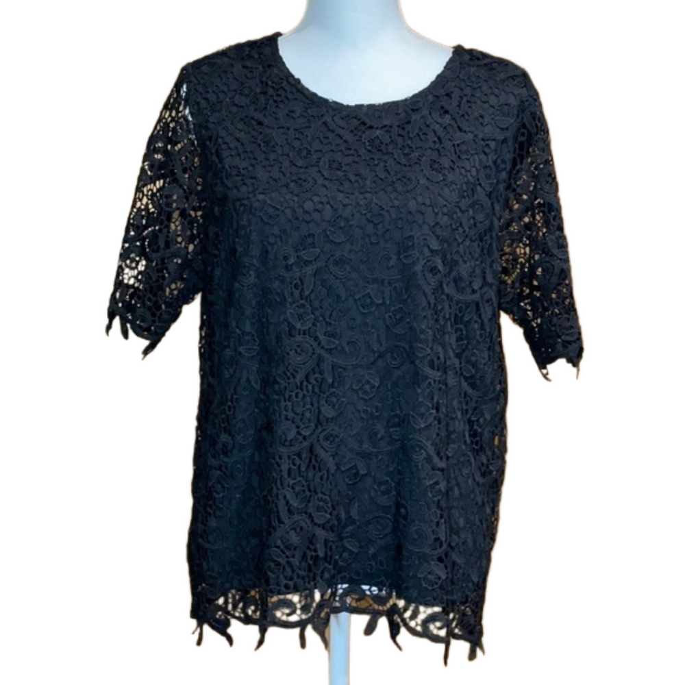 Philosophy Black Lace Top with Pearl Button - EUC